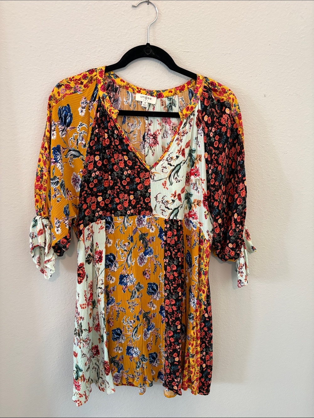Umgee Multi-Panel Floral Mini Dress in Mustard, Black & Cream